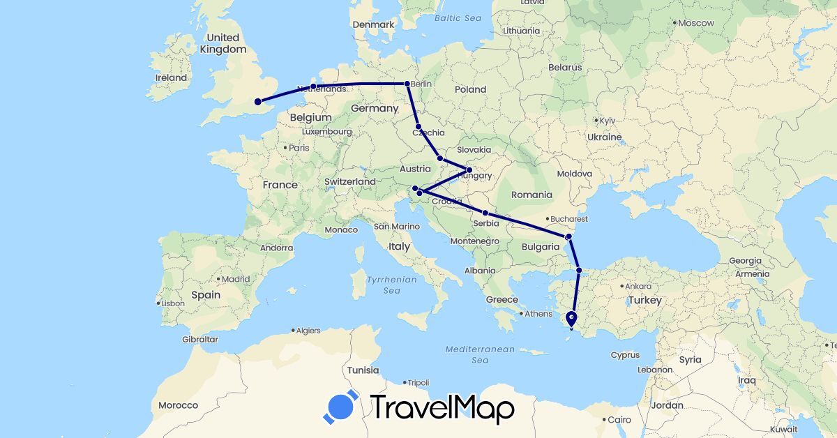 TravelMap itinerary: driving in Austria, Bulgaria, Czech Republic, Germany, United Kingdom, Hungary, Netherlands, Serbia, Slovenia, Turkey (Asia, Europe)